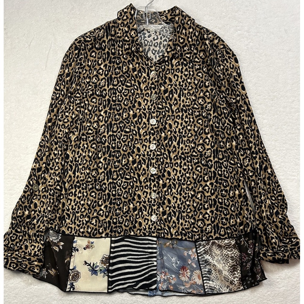 John Mark Womens Size S Beige Leopard Print Button Down Lonn Sleeve Top (M9)